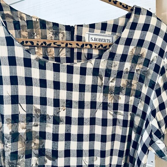 Vintage S.Roberts 1980s Shepherds check plaid floral front tie mini dress - Picture 8 of 11
